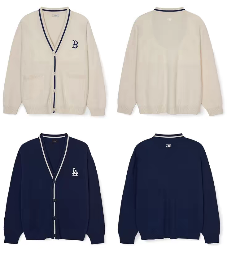 MLB Boston Red Sox B Logo 3D Raised Monogram Contrast Trim Knit Cardigan – Unisex Fall Winter