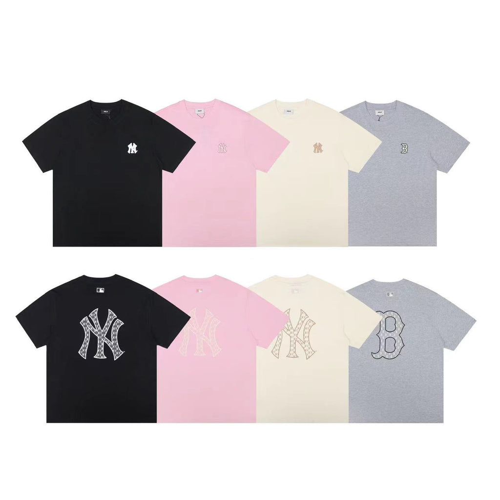 MLB Korea Unisex Monogram Logo Short Sleeve T‑Shirt, Small Chest Logo & Large Back Monogram Graphic Crew Neck Casual Tee for Men Women`