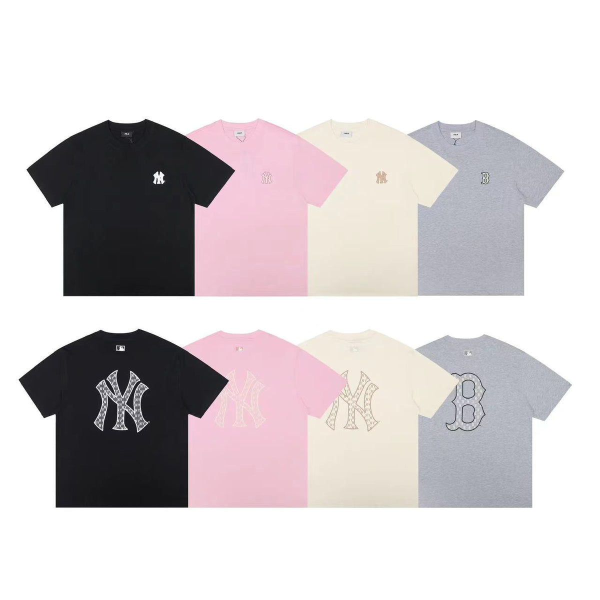 MLB Korea Unisex Monogram Logo Short Sleeve T‑Shirt, Small Chest Logo & Large Back Monogram Graphic Crew Neck Casual Tee for Men Women`