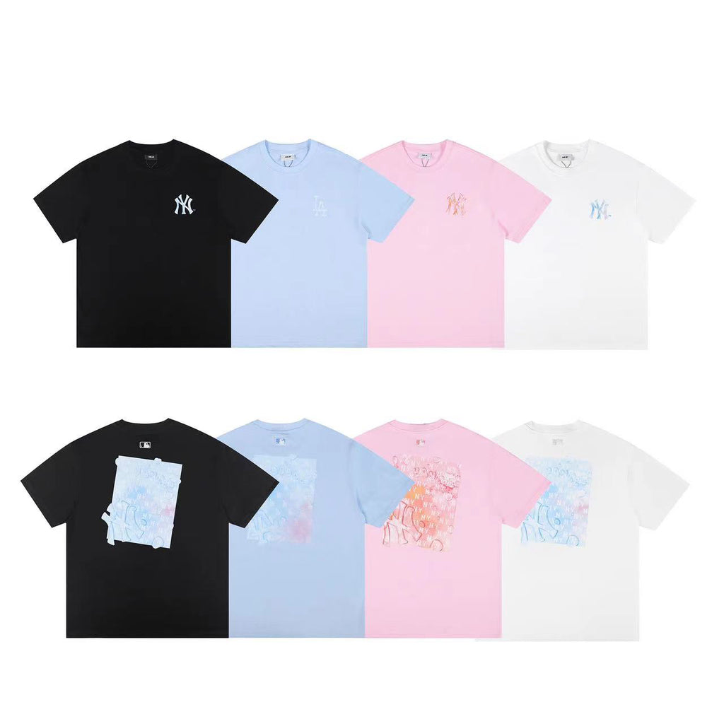 MLB Korea Unisex Watercolor Graffiti Graphic T‑Shirt, Small Chest Logo & Large Back Square Print Crew Neck Casual Tee for Men Women`