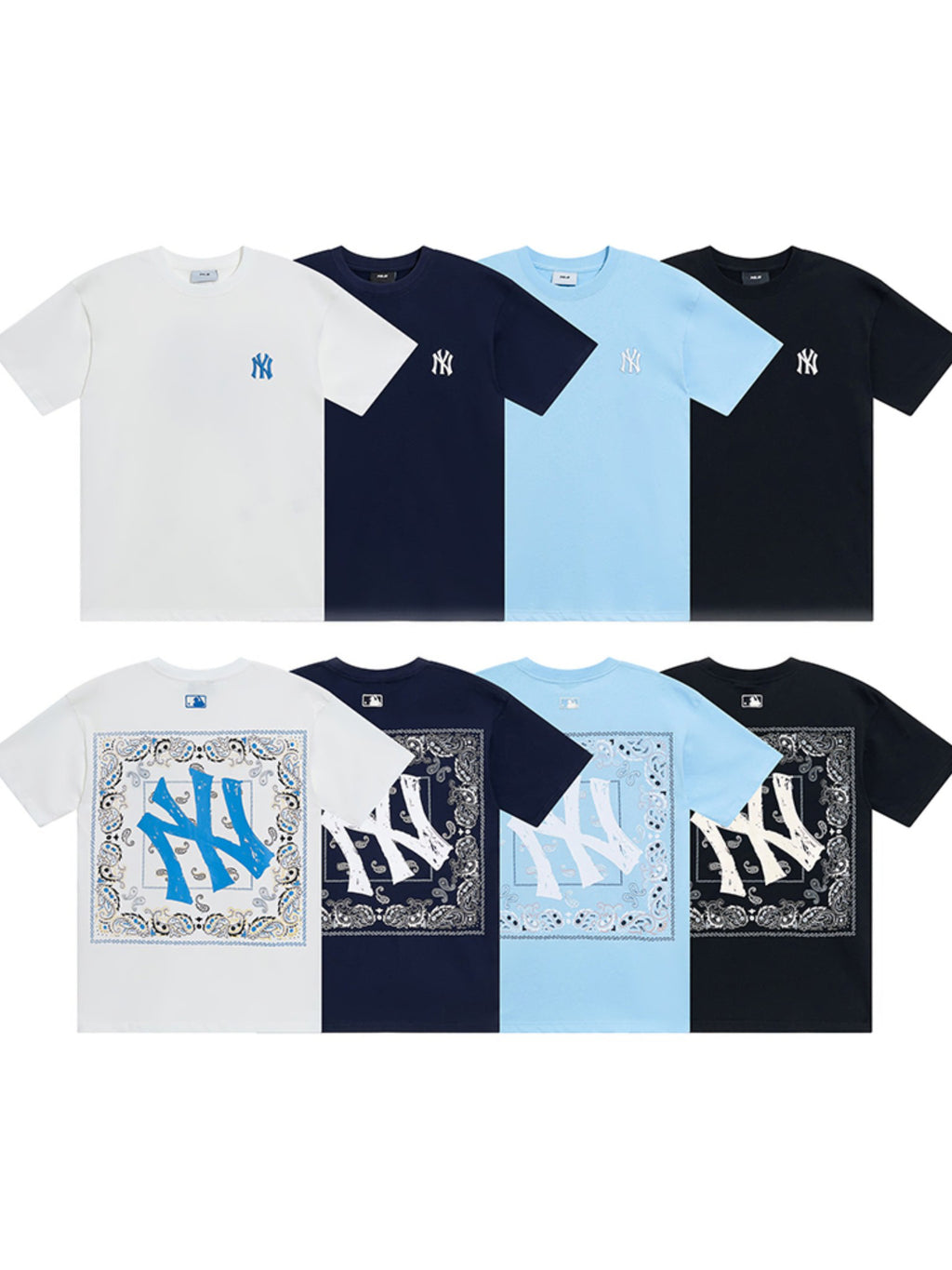 MLB Korea Unisex Bandana Paisley NY Graphic Crew Neck Short‑Sleeve T‑Shirt`