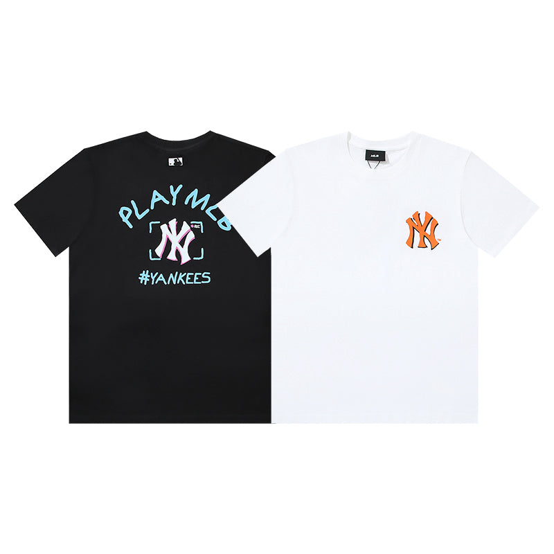 MLB Play MLB New York Yankees Varsity Slogan Print Embroidered Pure Cotton T-Shirt – Unisex Relaxed Fit Crew Neck Short Sleeve