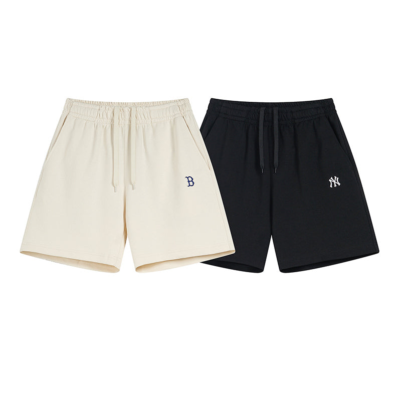 `MLB Korea Unisex Minimal Embroidered Logo Sweat Shorts, Elastic Drawstring Casual Shorts with Side Pockets, Solid Color Streetwear Summer Shorts for Men Women`