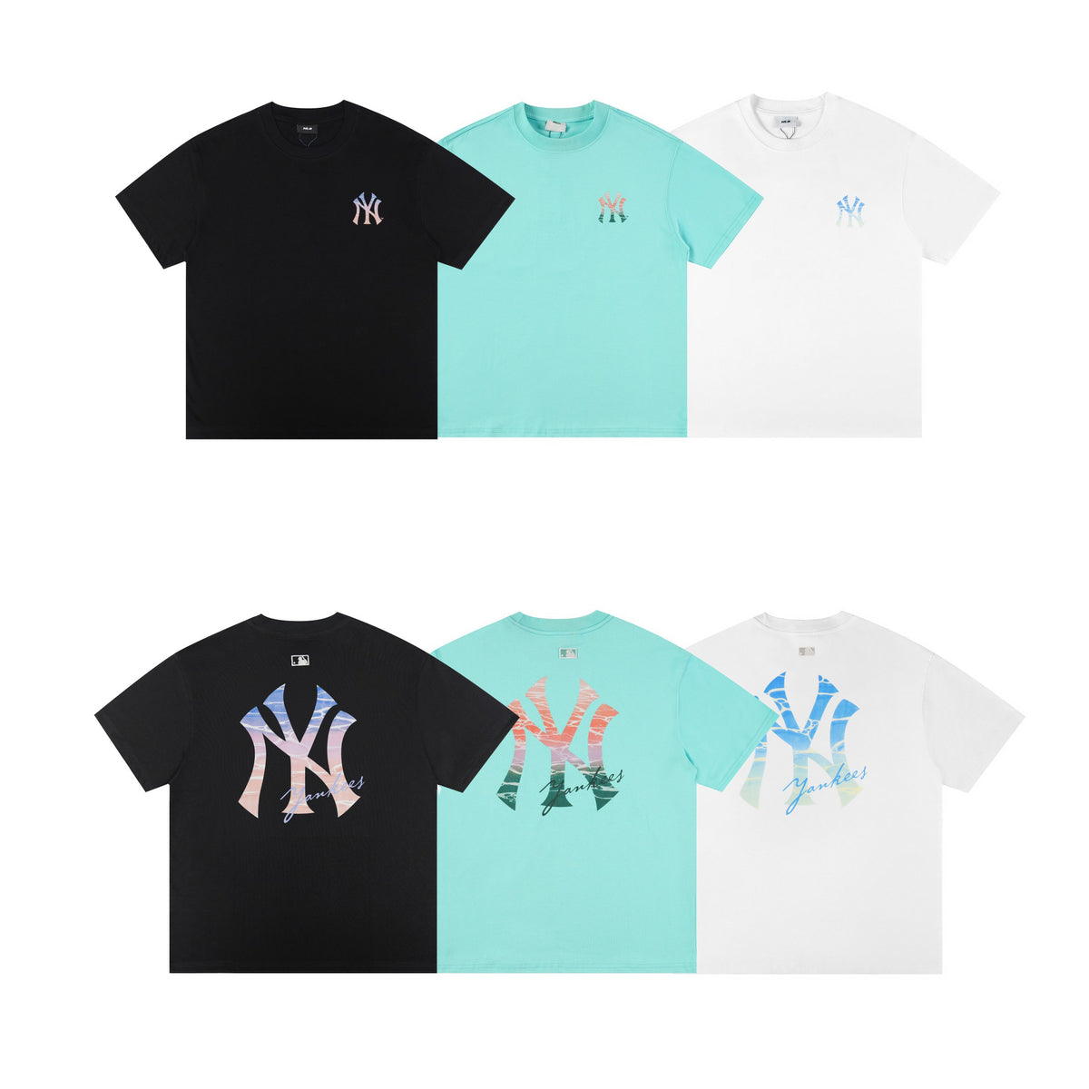 MLB Korea Unisex Gradient Marble NY Yankees Graphic T‑Shirt, Crew Neck Short Sleeve Casual Street Tee for Men Women`