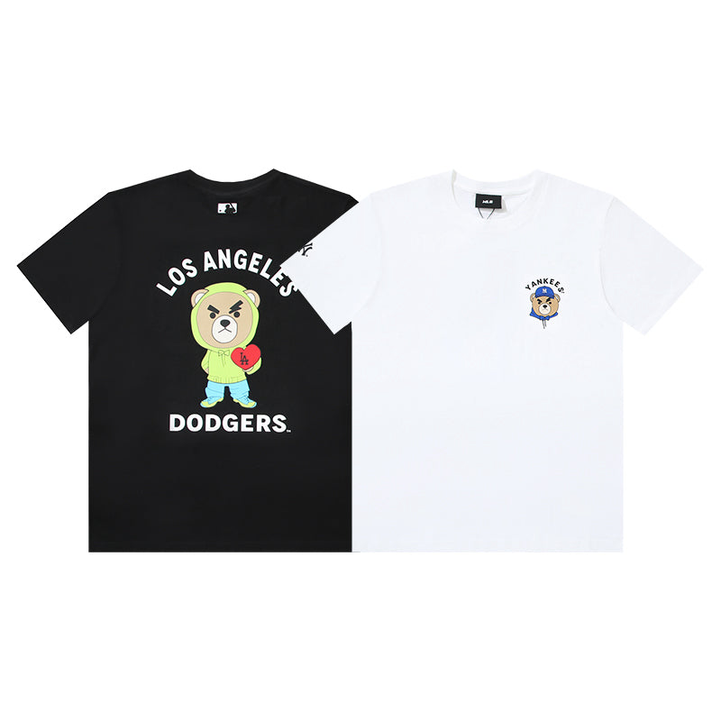 MLB Frowning Bear Character Print Embroidered Pure Cotton T-Shirt – Yankees & Dodgers Unisex Relaxed Fit Short Sleeve