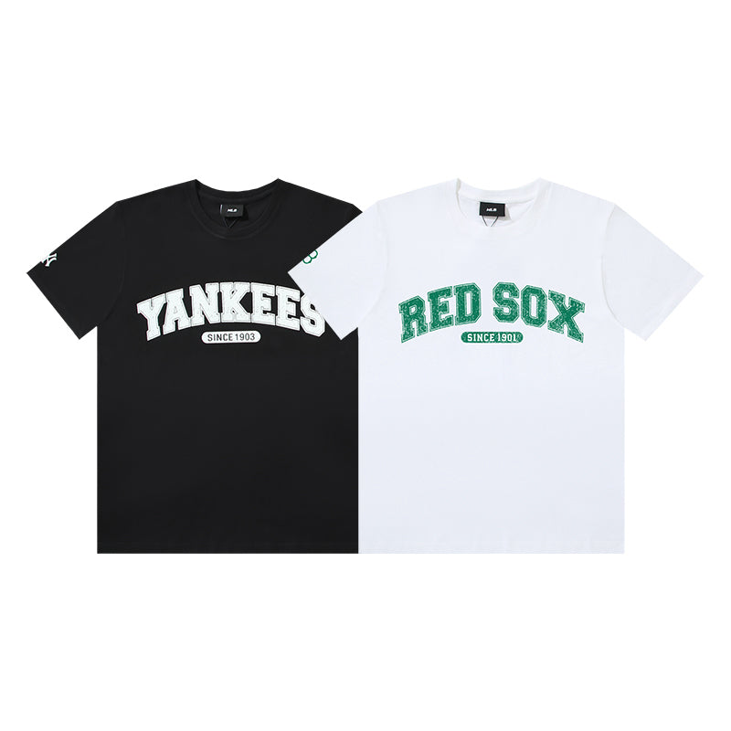 MLB Team Logo Embroidered Pure Cotton T-Shirt – Yankees & Red Sox Unisex Relaxed Fit Short Sleeve