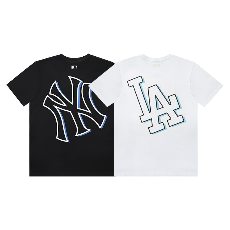 MLB Shadow Print Embroidered Pure Cotton T-Shirt – NY Yankees & LA Dodgers Unisex Oversized Short Sleeve