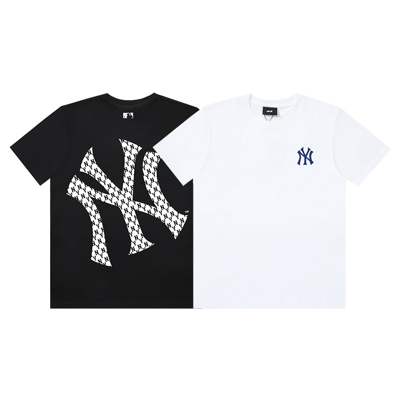 MLB New York Yankees Classic NY Logo Leopard Texture Print Embroidered Pure Cotton T-Shirt – Unisex Relaxed Fit Short Sleeve