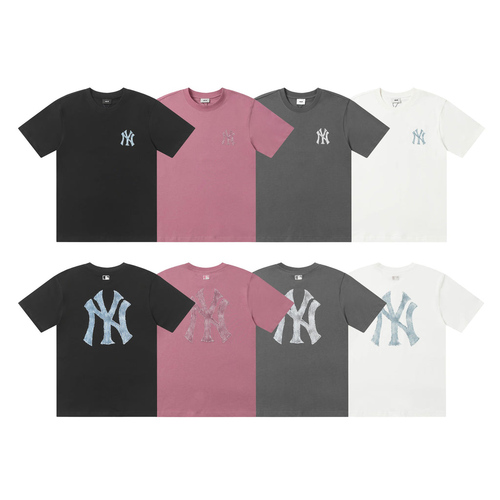 MLB Korea Unisex Denim Washed NY Logo Short‑Sleeve Crew Neck T‑Shirt`
