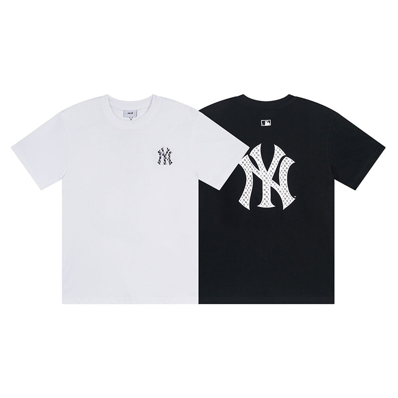 MLB Korea Monogram Pattern NY Logo Crew Neck Short‑Sleeve T‑Shirt`