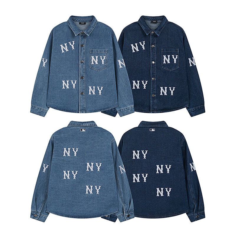 MLB New York Yankees NY All-Over Logo Print Vintage Washed Denim Shirt Jacket – Unisex Relaxed Fit