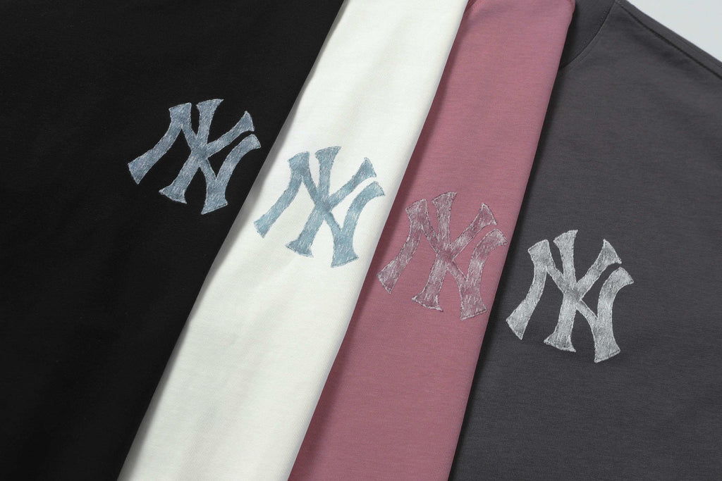 MLB Korea Unisex Denim Washed NY Logo Short‑Sleeve Crew Neck T‑Shirt`