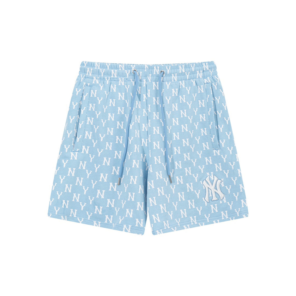 `Monogram NY Embroidered Casual Shorts, All‑Over Logo Print Drawstring Elastic Waist Streetwear Shorts for Men Women`