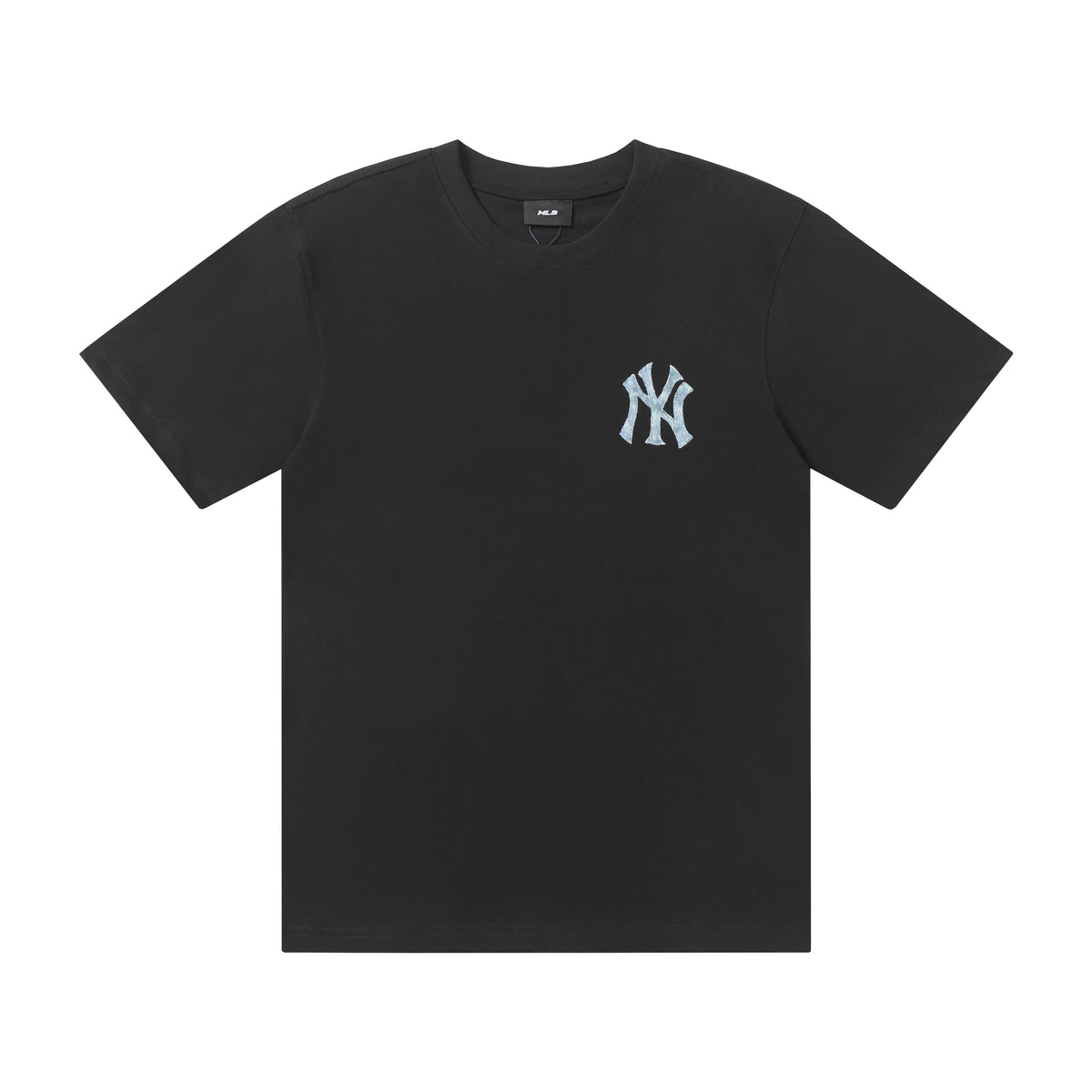 MLB Korea Unisex Denim Washed NY Logo Short‑Sleeve Crew Neck T‑Shirt`