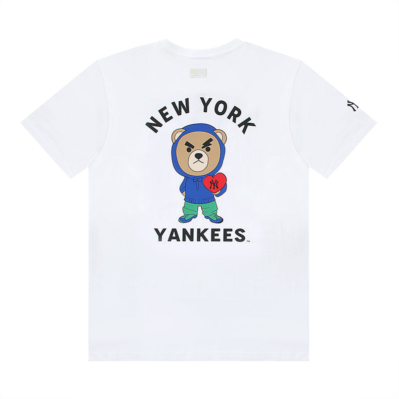 MLB Frowning Bear Character Print Embroidered Pure Cotton T-Shirt – Yankees & Dodgers Unisex Relaxed Fit Short Sleeve