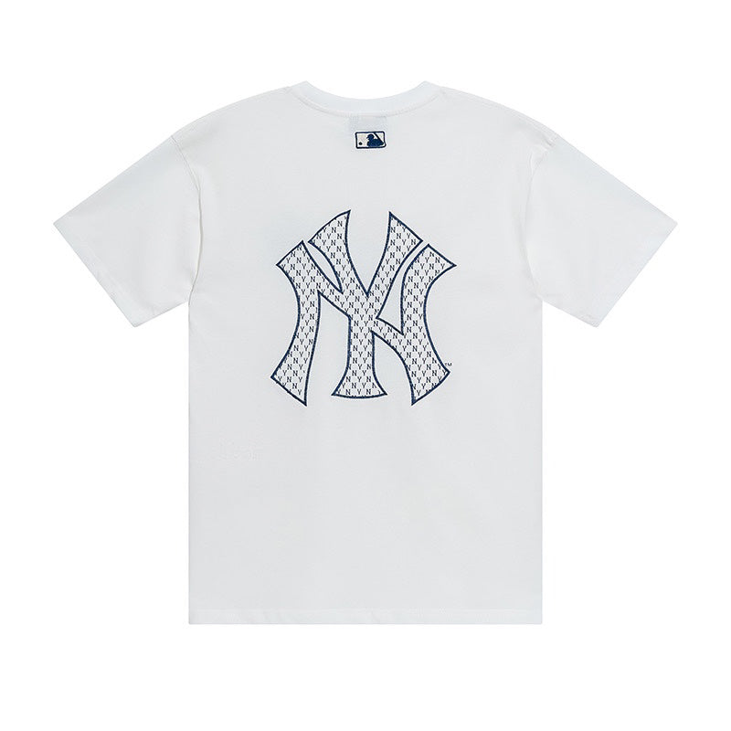 MLB Big Logo Embroidered Floral Print Side Slit Pure Cotton Couple Short Sleeve T-Shirt