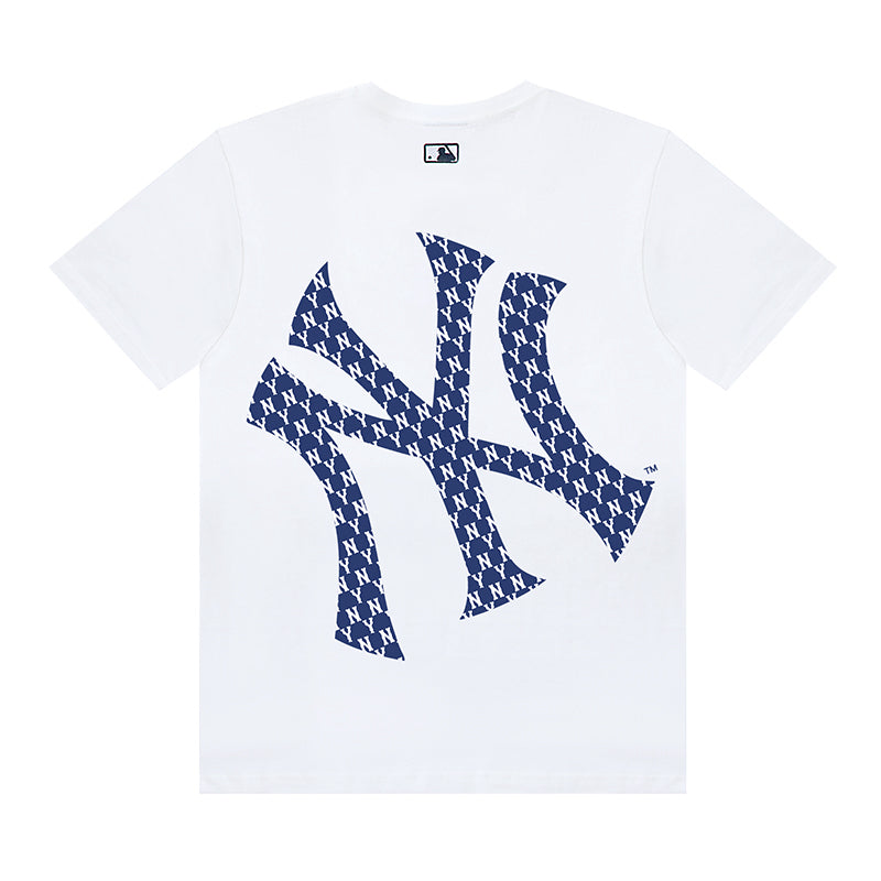 MLB New York Yankees Classic NY Logo Leopard Texture Print Embroidered Pure Cotton T-Shirt – Unisex Relaxed Fit Short Sleeve