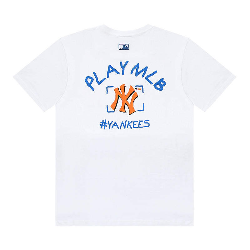 MLB Play MLB New York Yankees Varsity Slogan Print Embroidered Pure Cotton T-Shirt – Unisex Relaxed Fit Crew Neck Short Sleeve