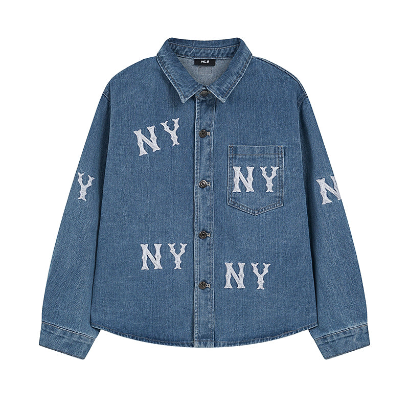 MLB New York Yankees NY All-Over Logo Print Vintage Washed Denim Shirt Jacket – Unisex Relaxed Fit