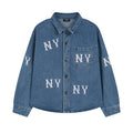 MLB New York Yankees NY All-Over Logo Print Vintage Washed Denim Shirt Jacket – Unisex Relaxed Fit