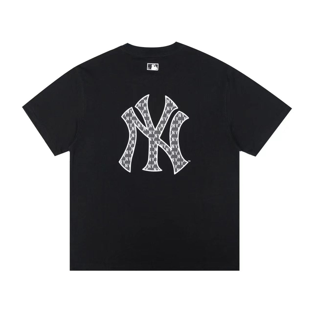MLB Korea Unisex Monogram Logo Short Sleeve T‑Shirt, Small Chest Logo & Large Back Monogram Graphic Crew Neck Casual Tee for Men Women`