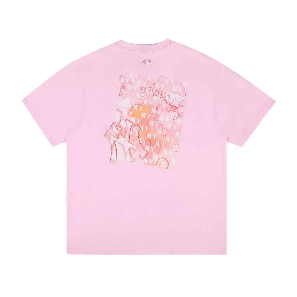 MLB Korea Unisex Watercolor Graffiti Graphic T‑Shirt, Small Chest Logo & Large Back Square Print Crew Neck Casual Tee for Men Women`