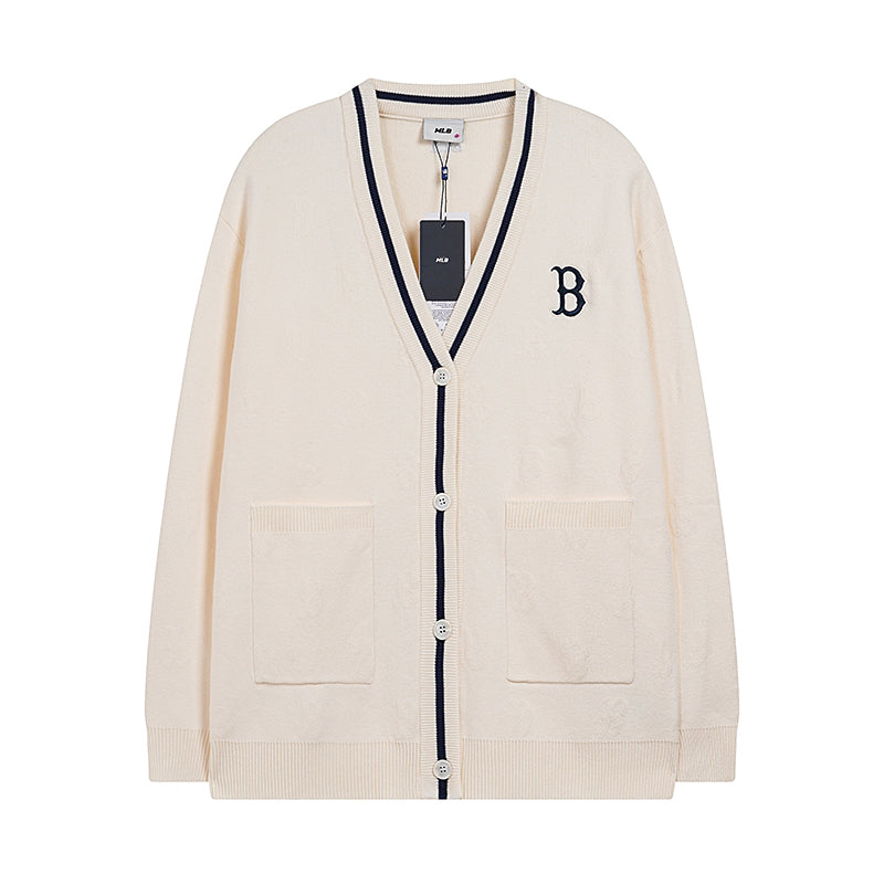 MLB Boston Red Sox B Logo 3D Raised Monogram Contrast Trim Knit Cardigan – Unisex Fall Winter