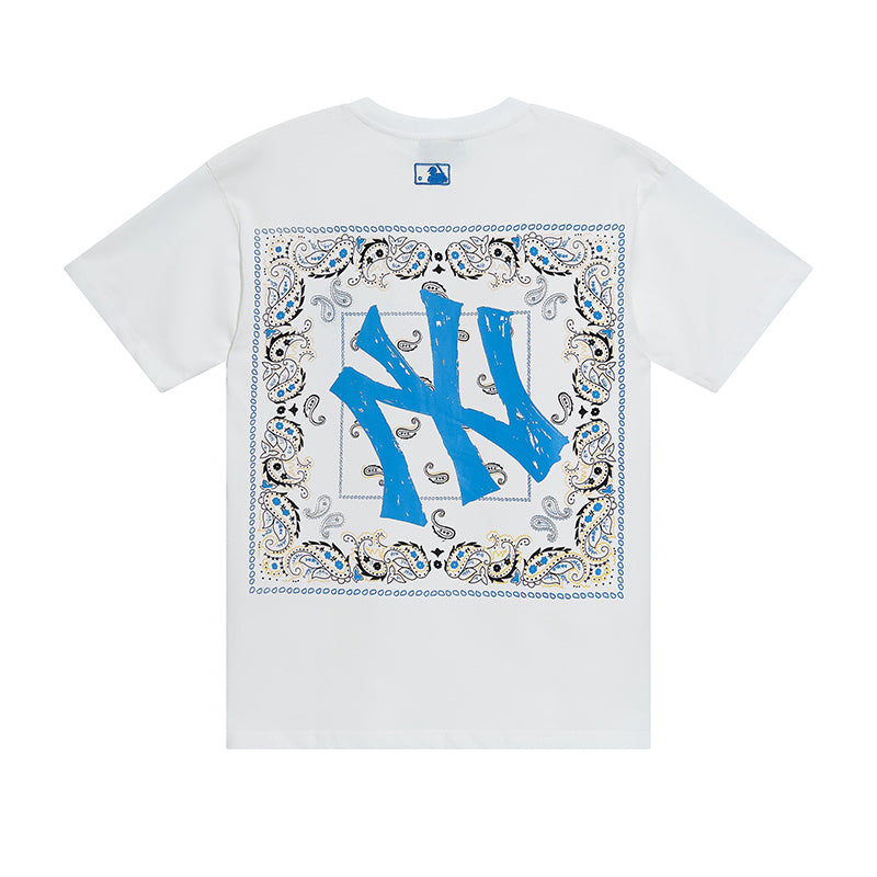 MLB Korea Unisex Bandana Paisley NY Graphic Crew Neck Short‑Sleeve T‑Shirt`