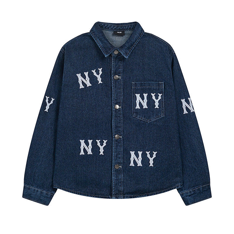 MLB New York Yankees NY All-Over Logo Print Vintage Washed Denim Shirt Jacket – Unisex Relaxed Fit