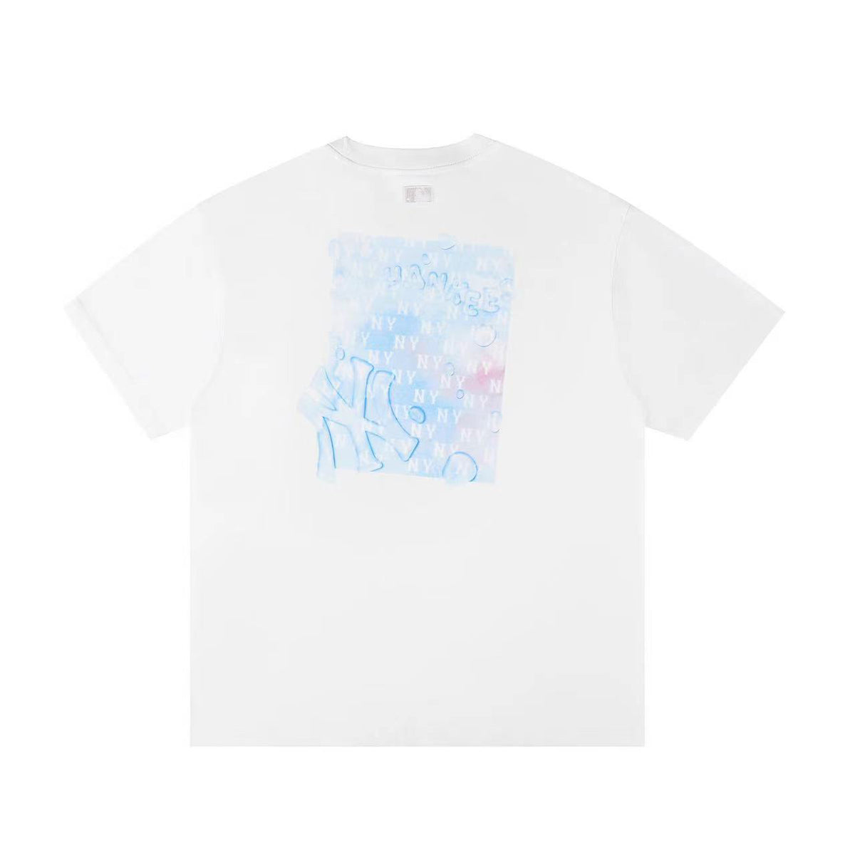 MLB Korea Unisex Watercolor Graffiti Graphic T‑Shirt, Small Chest Logo & Large Back Square Print Crew Neck Casual Tee for Men Women`