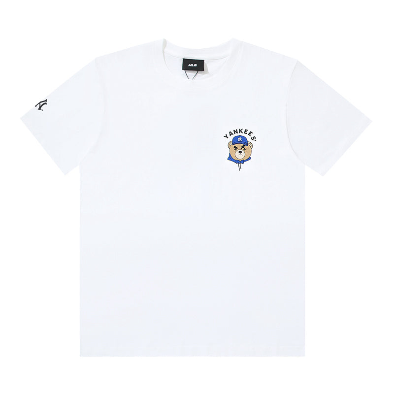 MLB Frowning Bear Character Print Embroidered Pure Cotton T-Shirt – Yankees & Dodgers Unisex Relaxed Fit Short Sleeve