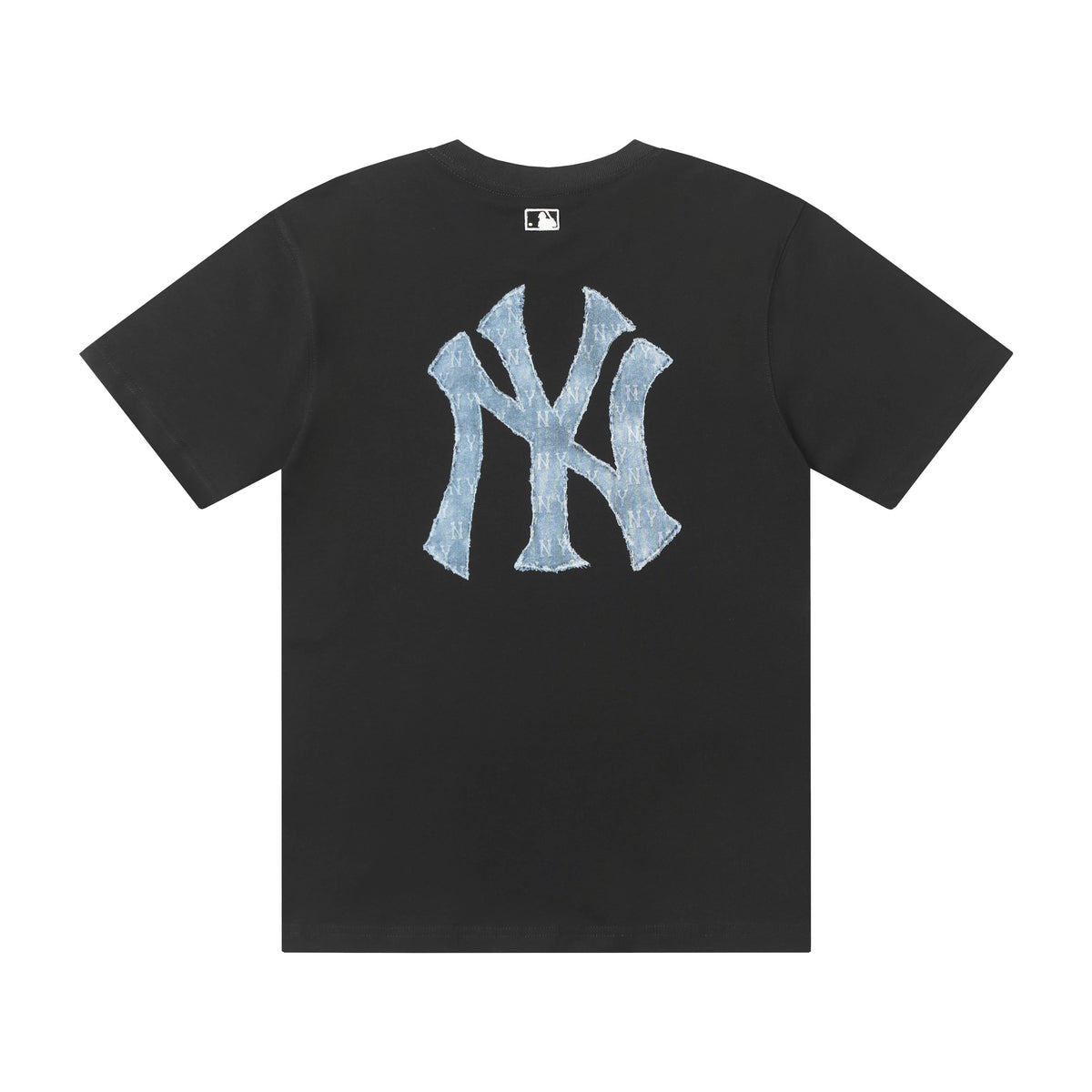 MLB Korea Unisex Denim Washed NY Logo Short‑Sleeve Crew Neck T‑Shirt`