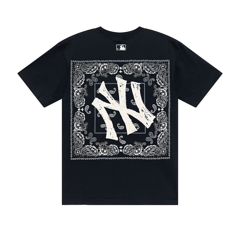 MLB Korea Unisex Bandana Paisley NY Graphic Crew Neck Short‑Sleeve T‑Shirt`