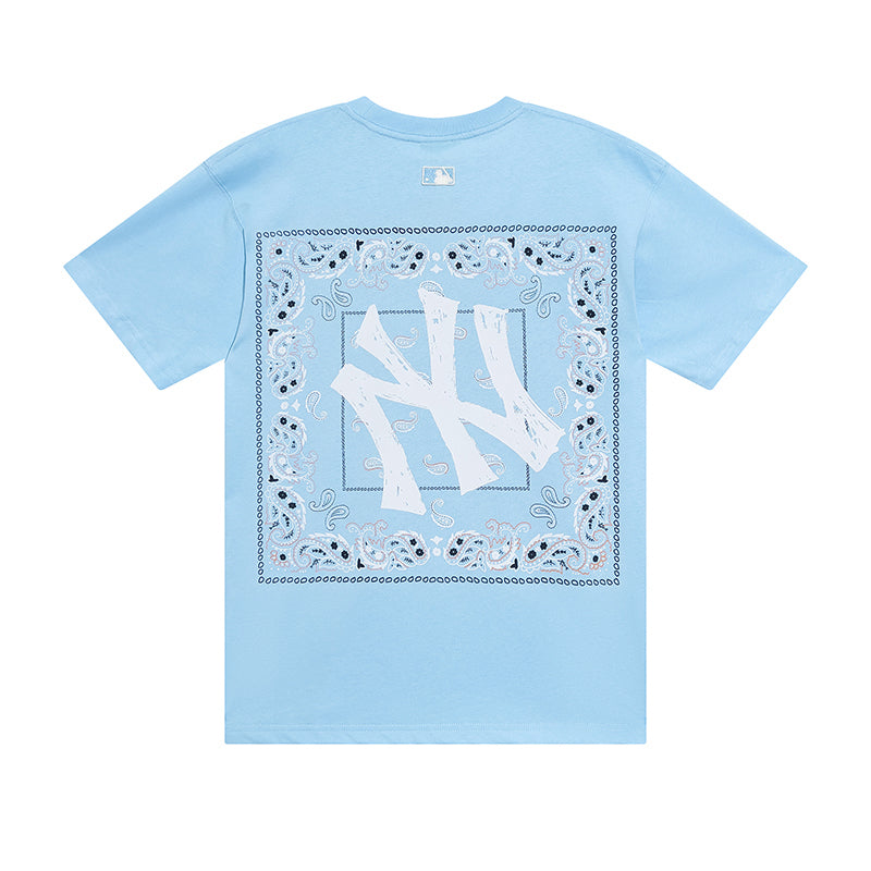 MLB Korea Unisex Bandana Paisley NY Graphic Crew Neck Short‑Sleeve T‑Shirt`