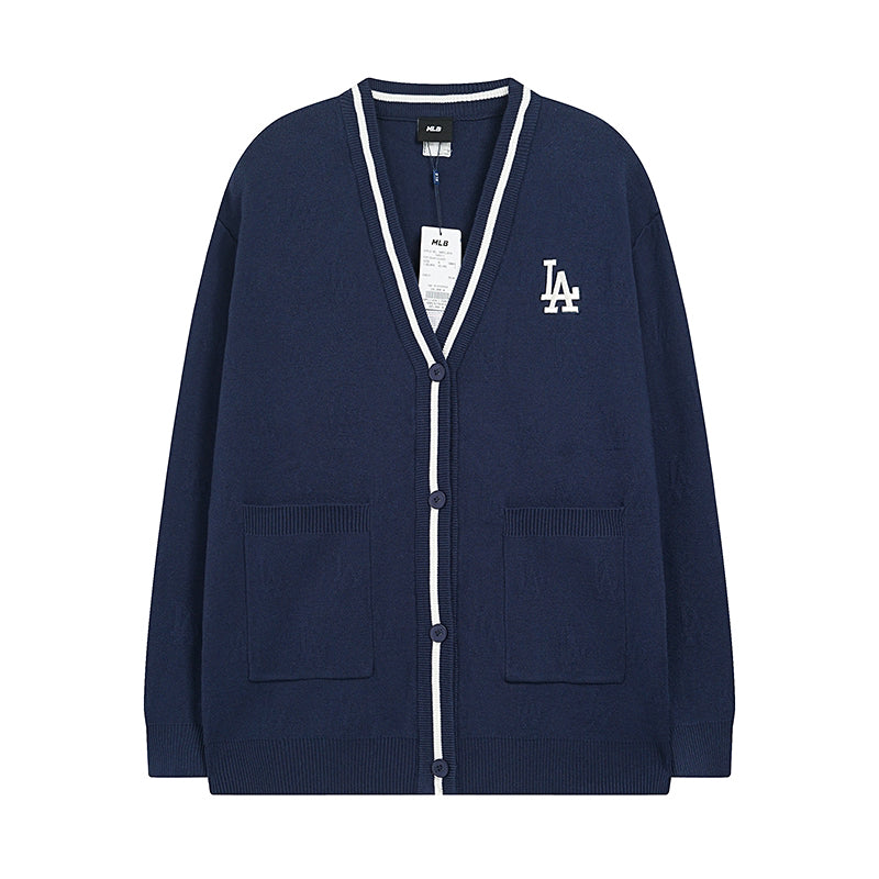 MLB Boston Red Sox B Logo 3D Raised Monogram Contrast Trim Knit Cardigan – Unisex Fall Winter