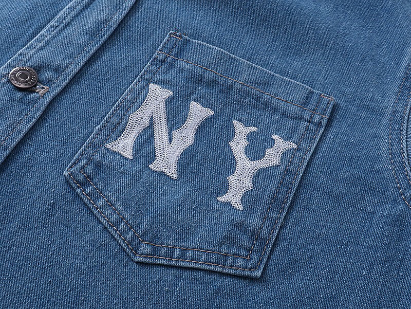 MLB New York Yankees NY All-Over Logo Print Vintage Washed Denim Shirt Jacket – Unisex Relaxed Fit