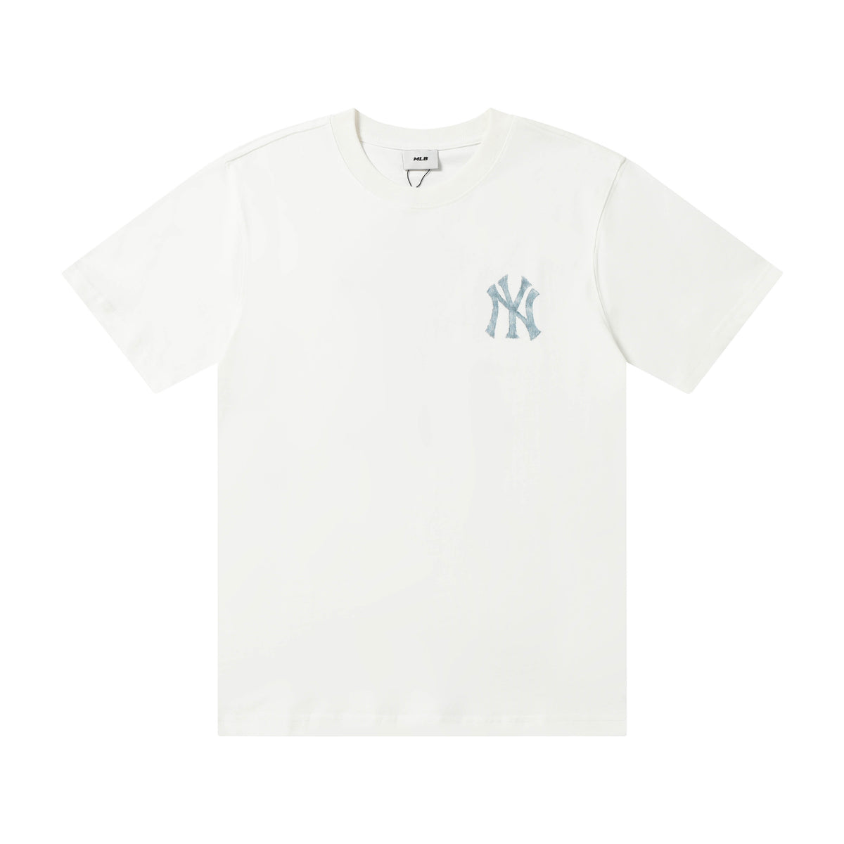 MLB Korea Unisex Denim Washed NY Logo Short‑Sleeve Crew Neck T‑Shirt`