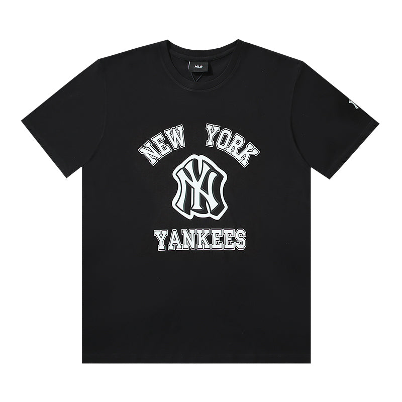 MLB New York Yankees Arch Wordmark Print Embroidered Pure Cotton T-Shirt – Unisex Relaxed Fit Crew Neck Short Sleeve