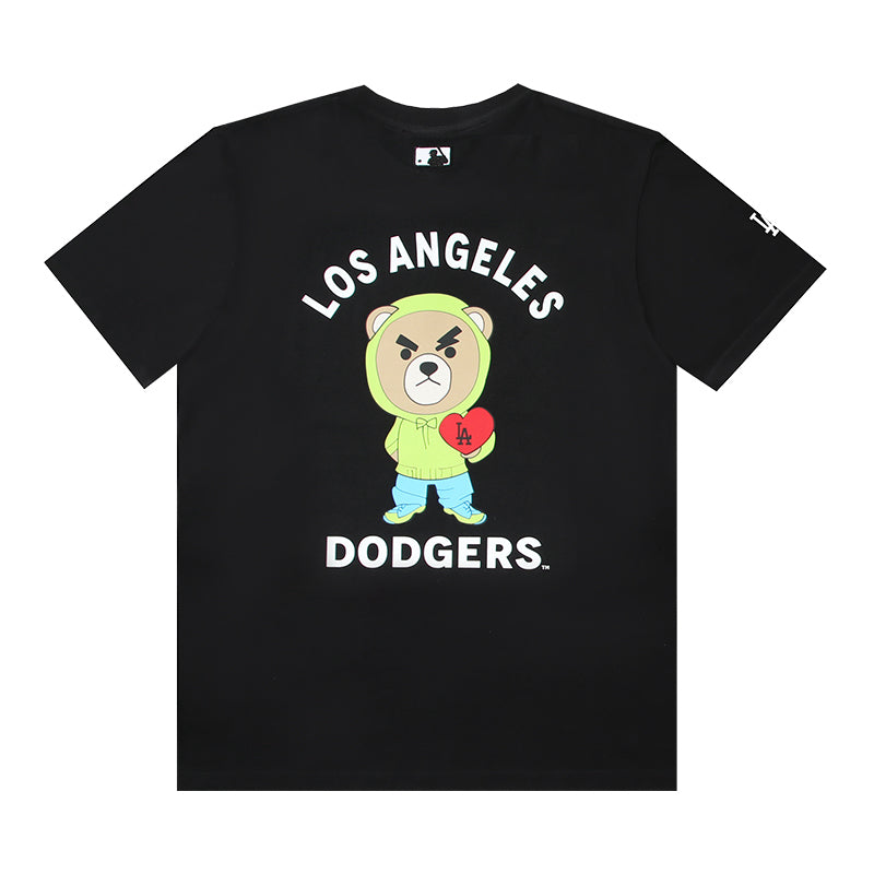 MLB Frowning Bear Character Print Embroidered Pure Cotton T-Shirt – Yankees & Dodgers Unisex Relaxed Fit Short Sleeve