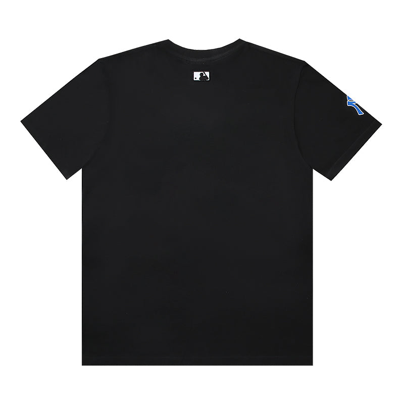 MLB New York Yankees Script Wordmark Print Embroidered Pure Cotton T-Shirt – Unisex Relaxed Fit Crew Neck Short Sleeve