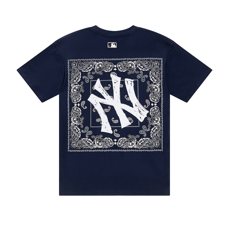 MLB Korea Unisex Bandana Paisley NY Graphic Crew Neck Short‑Sleeve T‑Shirt`