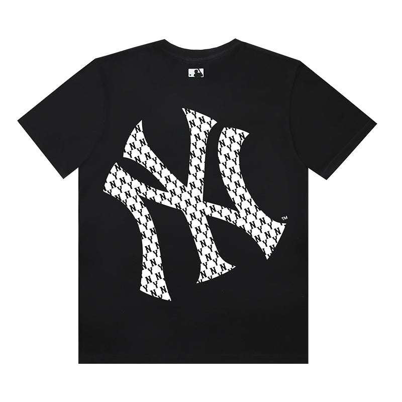 MLB New York Yankees Classic NY Logo Leopard Texture Print Embroidered Pure Cotton T-Shirt – Unisex Relaxed Fit Short Sleeve