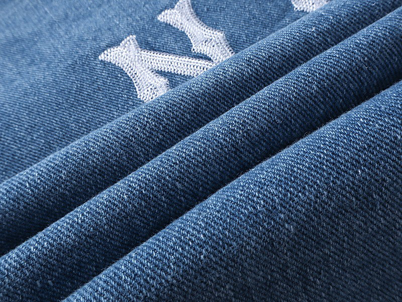 MLB New York Yankees NY All-Over Logo Print Vintage Washed Denim Shirt Jacket – Unisex Relaxed Fit