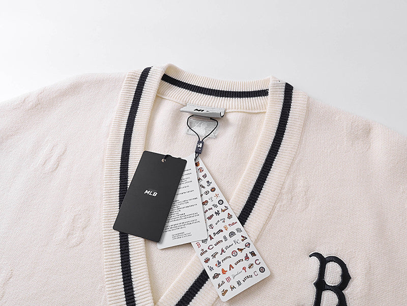 MLB Boston Red Sox B Logo 3D Raised Monogram Contrast Trim Knit Cardigan – Unisex Fall Winter