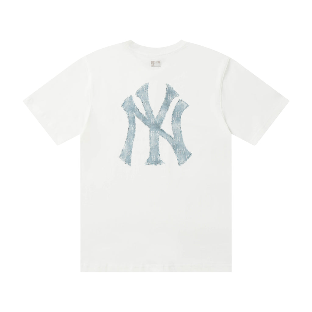 MLB Korea Unisex Denim Washed NY Logo Short‑Sleeve Crew Neck T‑Shirt`