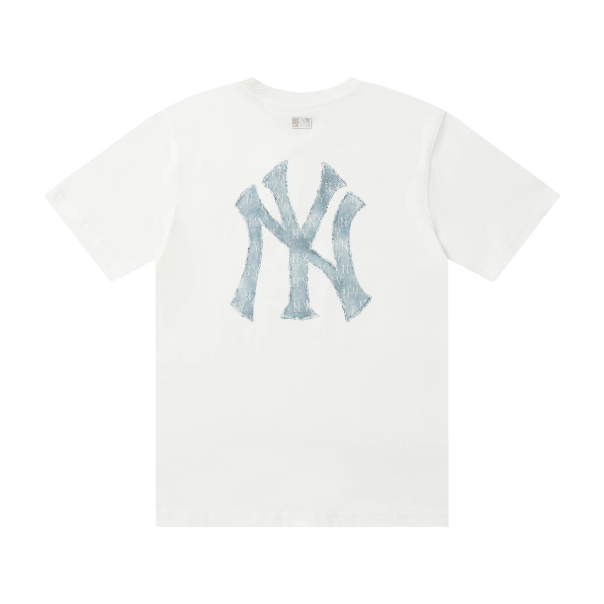 MLB Korea Unisex Denim Washed NY Logo Short‑Sleeve Crew Neck T‑Shirt`