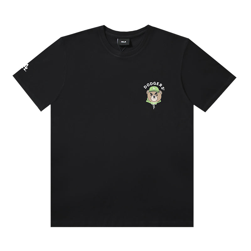 MLB Frowning Bear Character Print Embroidered Pure Cotton T-Shirt – Yankees & Dodgers Unisex Relaxed Fit Short Sleeve