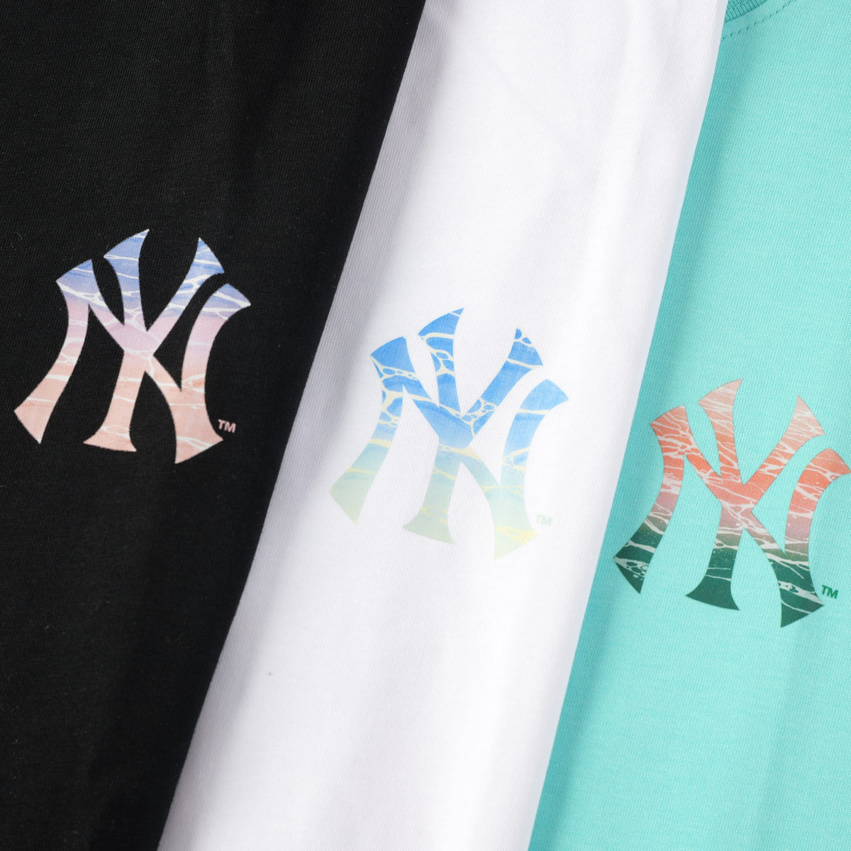 MLB Korea Unisex Gradient Marble NY Yankees Graphic T‑Shirt, Crew Neck Short Sleeve Casual Street Tee for Men Women`