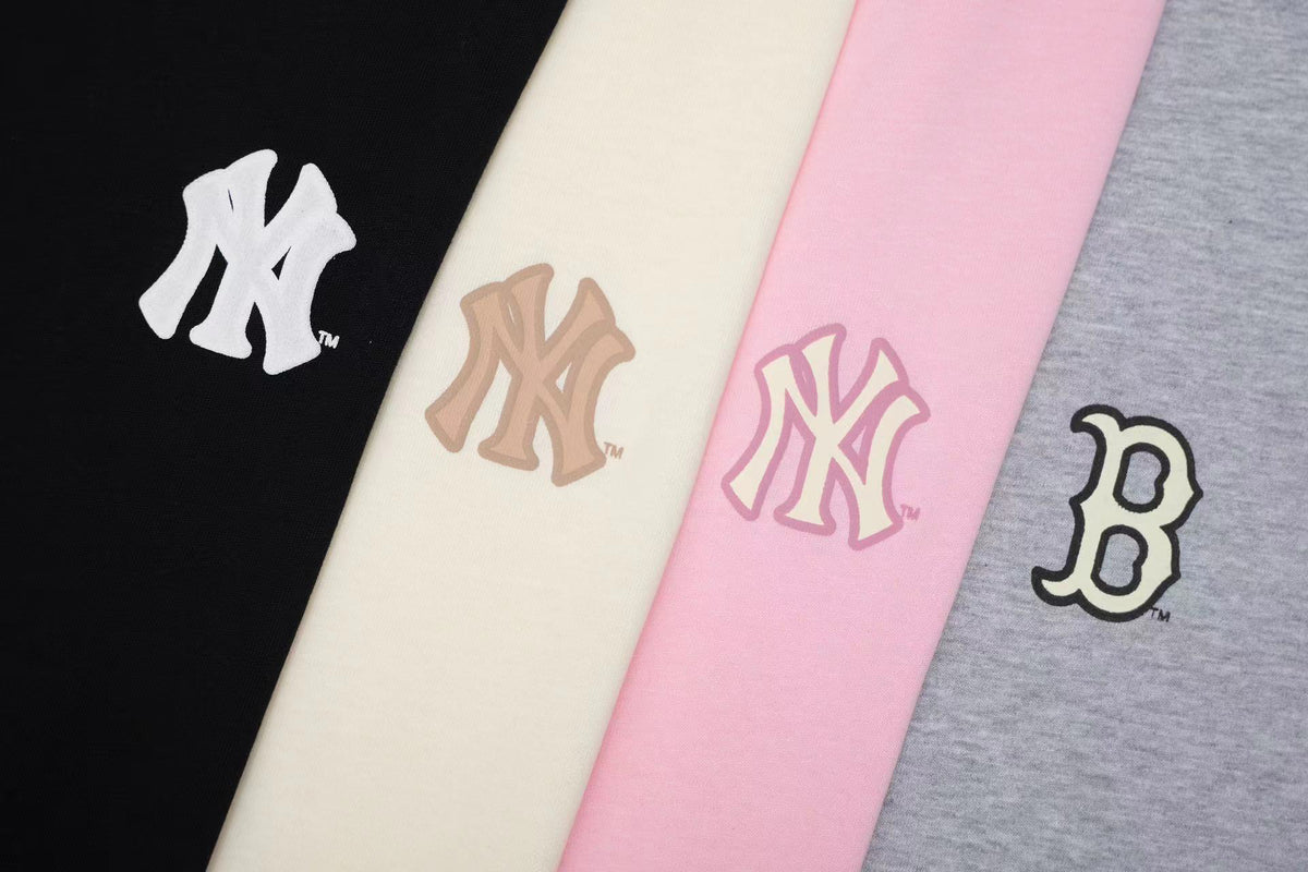 MLB Korea Unisex Monogram Logo Short Sleeve T‑Shirt, Small Chest Logo & Large Back Monogram Graphic Crew Neck Casual Tee for Men Women`