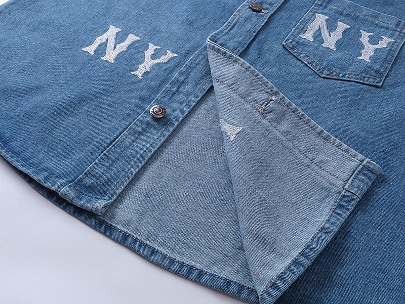 MLB New York Yankees NY All-Over Logo Print Vintage Washed Denim Shirt Jacket – Unisex Relaxed Fit